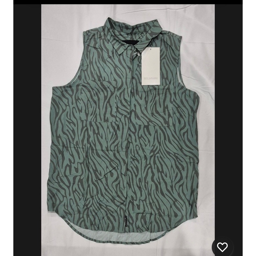 Wildfang Sleeveless Button Down Shirt Sage Green Grey Zebra Animal Print